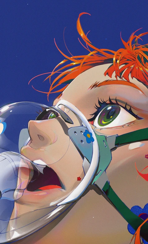 红发绿眼少女·机械眼镜吹泡泡 二次元插画风热门壁纸