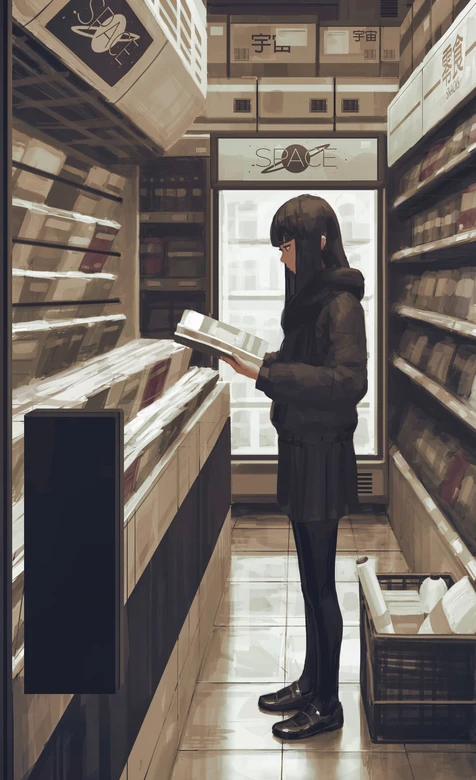 黑装少女·便利店阅读 二次元写实风 太空主题手机壁纸