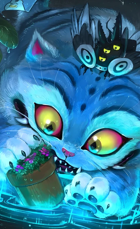 暗黑奇幻风蓝猫（衔花盆）·怪异小生物 魔幻宠物手机壁纸