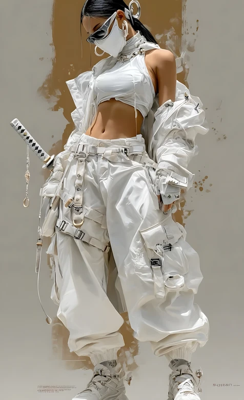 赛博朋克机能风白衣酷飒女·武士刀 原创插画高热度手机壁纸