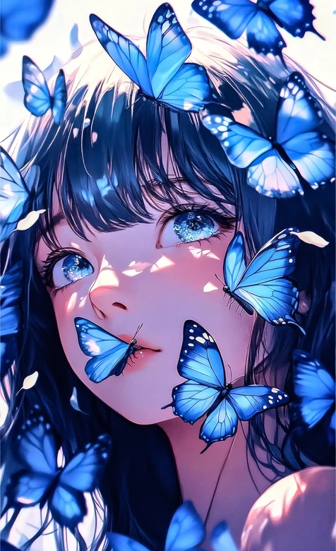 二次元少女蓝蝴蝶簇拥 星空眼 唯美梦幻超仙壁纸