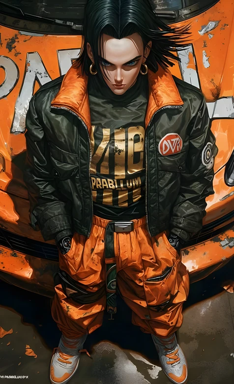 人造人17号·潮牌穿搭 潮酷写实风 旧化跑车背景 潮酷男生壁纸