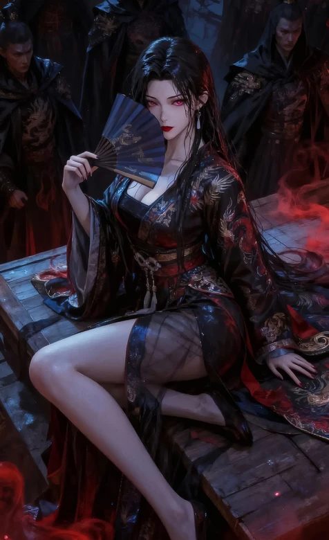 暗黑国风古风女子·龙纹华服红瞳执扇 魅惑古风壁纸