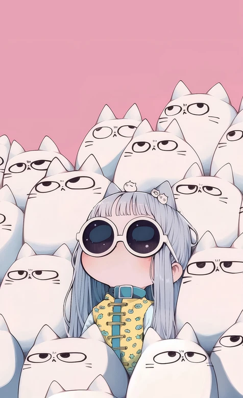银发墨镜少女·白猫簇拥 国漫风治愈壁纸（萌系猫咪手机壁纸）