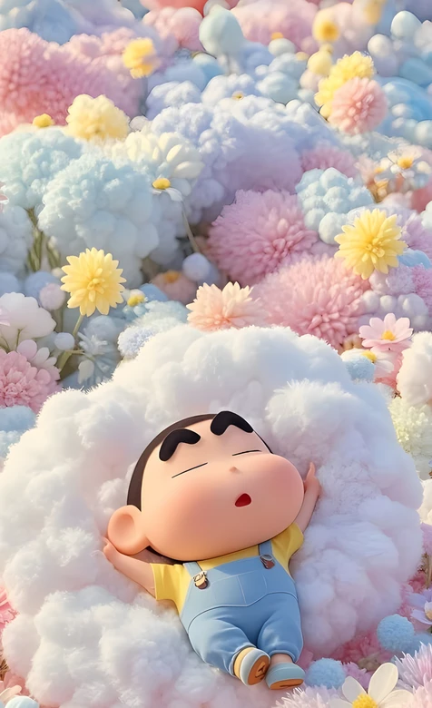 野原新之助·花簇云朵熟睡 唯美治愈 蜡笔小新动漫壁纸