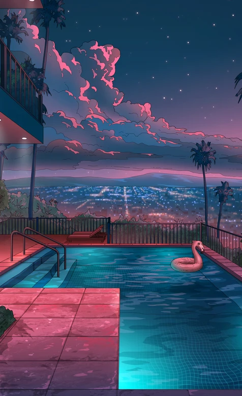 赛博朋克风都市泳池夜景插画 霓虹城市手机壁纸