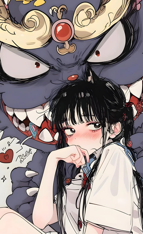 黑发害羞腮红少女 国漫二次元神兽 小众个性手机壁纸