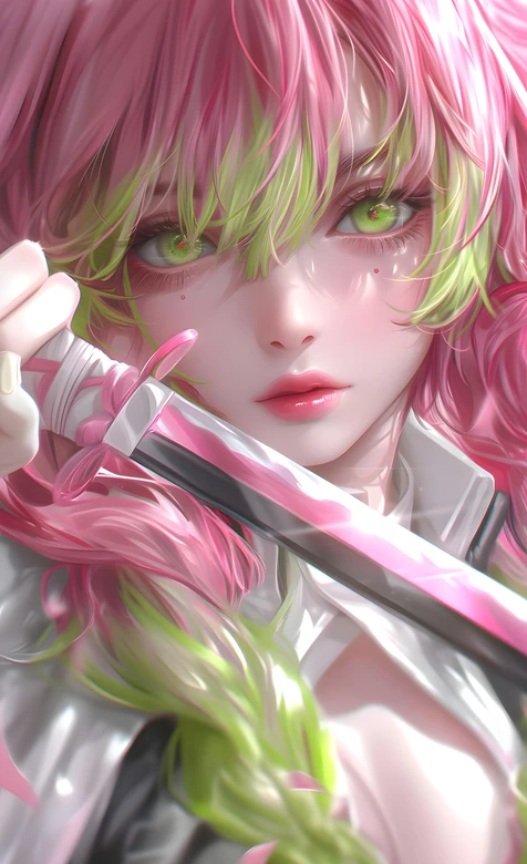 甘露寺蜜璃·粉绿发丝日轮刀 唯美写实鬼灭之刃精美壁纸