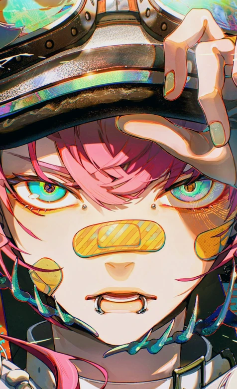 赛博朋克风粉发护目镜创可贴个性人物（手机壁纸）