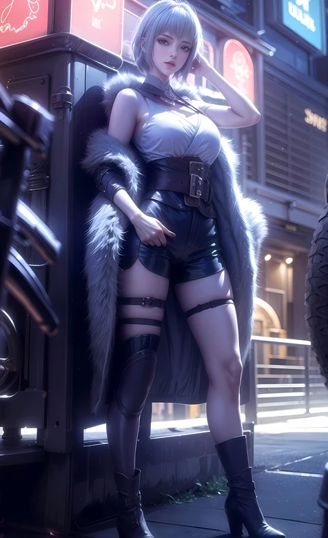 银发御姐白月魁·皮装毛绒披风 赛博朋克都市风手机壁纸（赛博朋克美女壁纸）