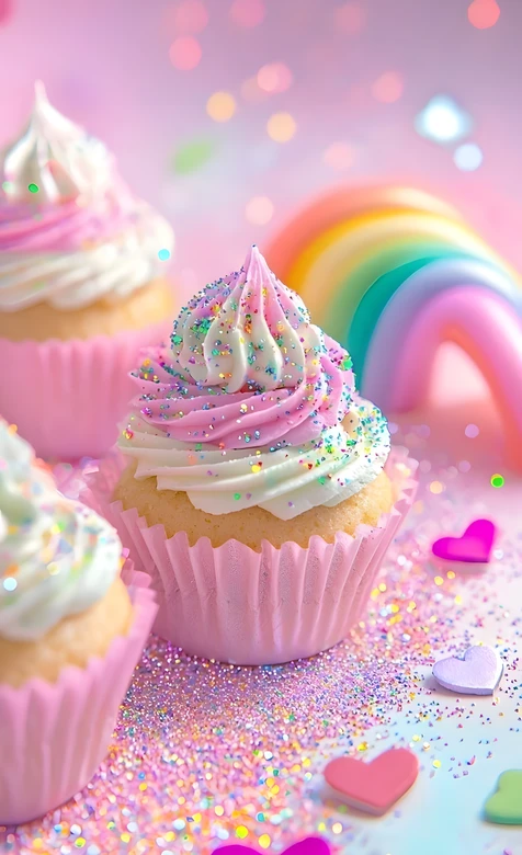 梦幻甜美元素纸杯蛋糕彩虹爱心闪粉手机壁纸