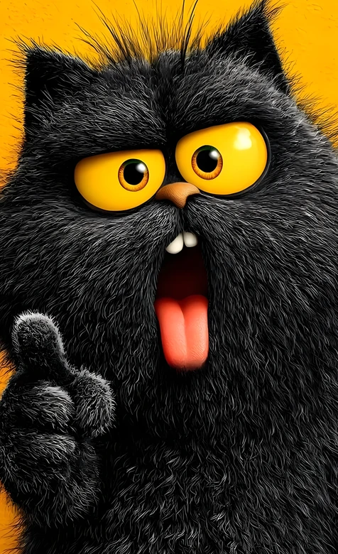 搞怪黑毛卡通猫·黄眼吐舌 萌趣人气手机壁纸