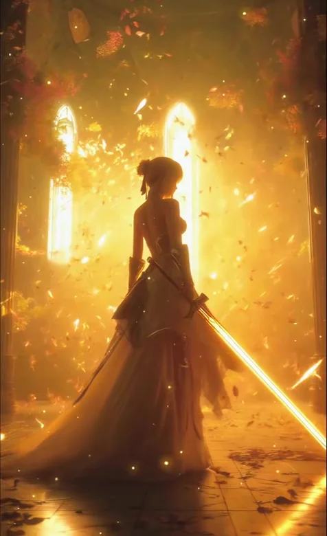 暖金光影持剑婚纱少女·唯美二次元游戏风动态壁纸