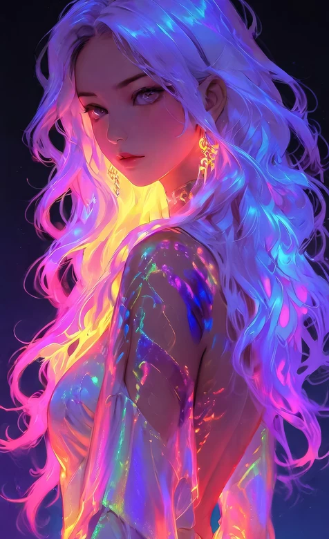 霓虹炫彩长发少女·梦幻唯美风 超火竖屏壁纸