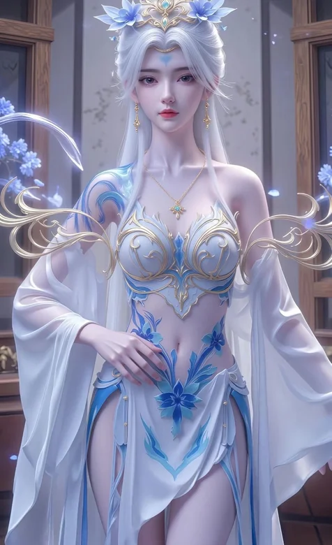 白发蓝纹仙侠女神·金纹华服 唯美仙侠动态手机壁纸