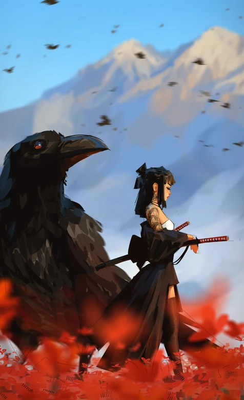 暗黑和风女武士（纹身·双刀）×巨型乌鸦 红花草雪山意境手机壁纸