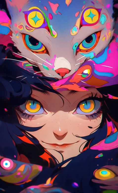 幻彩猫与神秘女孩·迷幻艺术风原创插画 个性手机壁纸