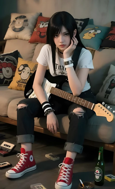 酷飒摇滚少女·二次元写实·电吉他卡通抱枕 高人气手机壁纸
