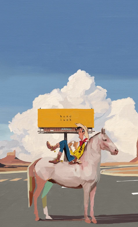 牛仔卡通人物慵懒骑白马 沙漠公路hard luck美式卡通壁纸