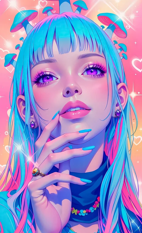 蓝发粉染蘑菇少女·二次元炫彩插画 超人气竖屏壁纸