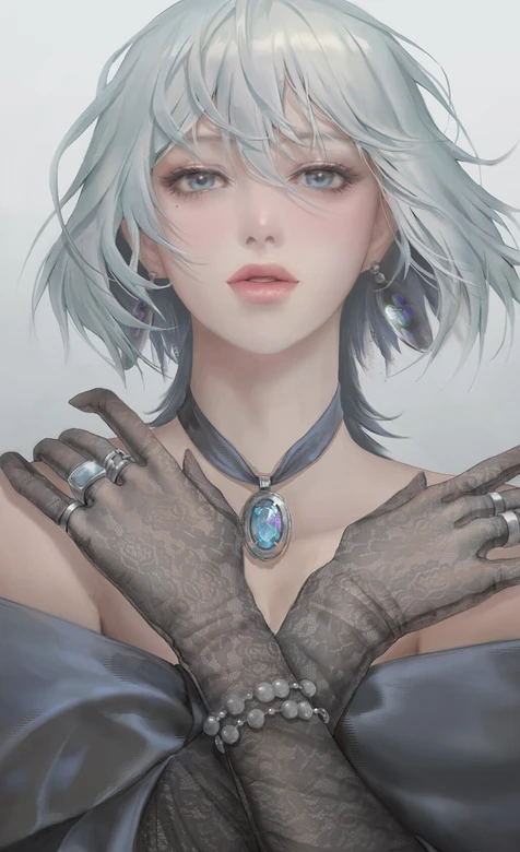 银发美少女·蕾丝手套蓝宝项链·唯美写实原创插画超高清手机壁纸