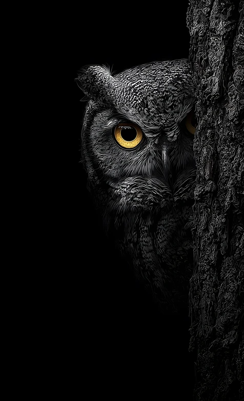 暗黑风猫头鹰·金黄眼眸树后窥望 神秘氛围手机壁纸热款