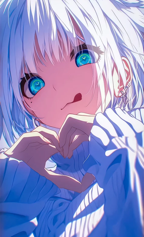 白发蓝眼动漫少女·心形手势 二次元唯美治愈心动手机壁纸