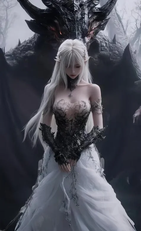 银发精灵少女&暗黑巨龙 暗黑写实奇幻动态手机壁纸