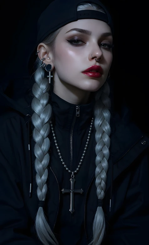 暗黑潮酷风少女·银辫双麻花辫 高质感手机壁纸