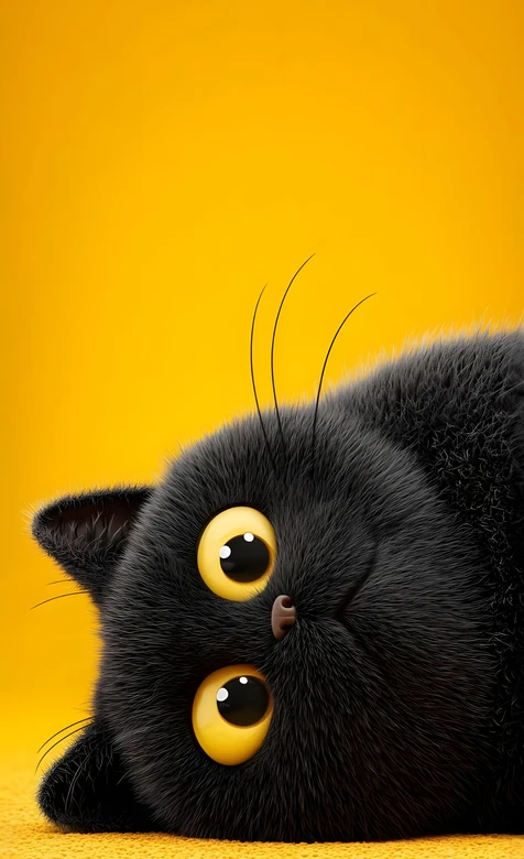 黑毛圆眼萌猫·拟真毛绒风 暖黄背景治愈手机壁纸