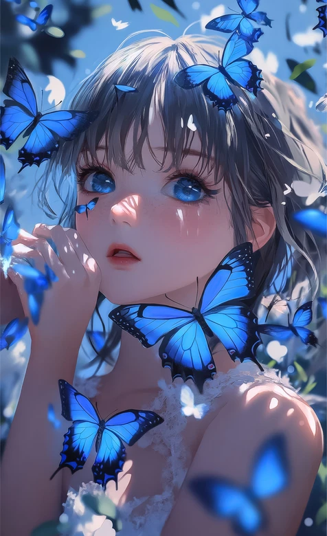 二次元少女·蓝蝶环绕 唯美清新壁纸推荐