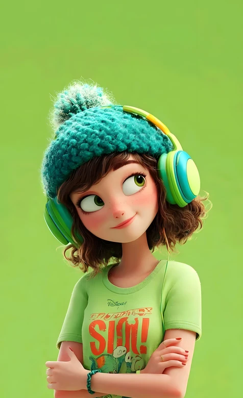 清新风卡通女孩·戴耳机毛线帽 手机壁纸