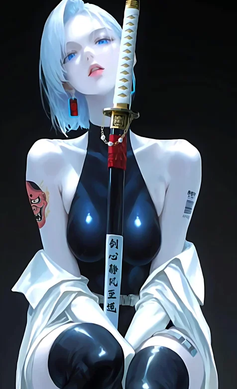 银发女武士·般若纹身武士刀 暗黑国风原创动态手机壁纸