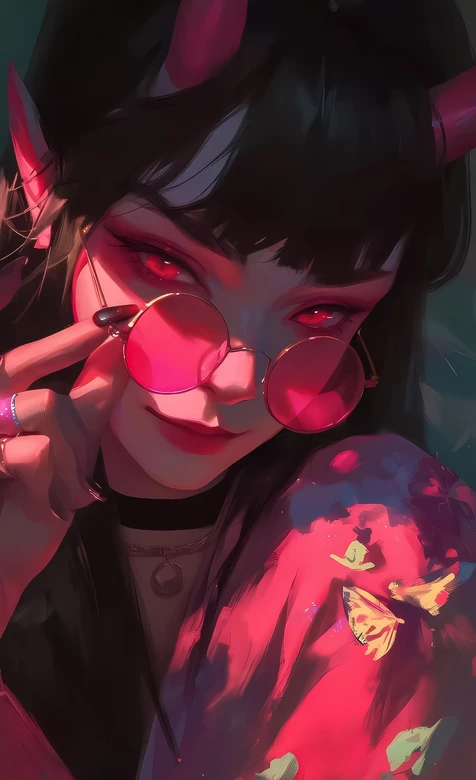 暗黑风恶魔系少女·红瞳角饰圆眼镜 个性手机壁纸