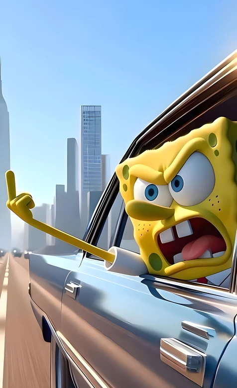 海绵宝宝·路怒竖中指 拟真卡通风 都市背景热梗手机桌面