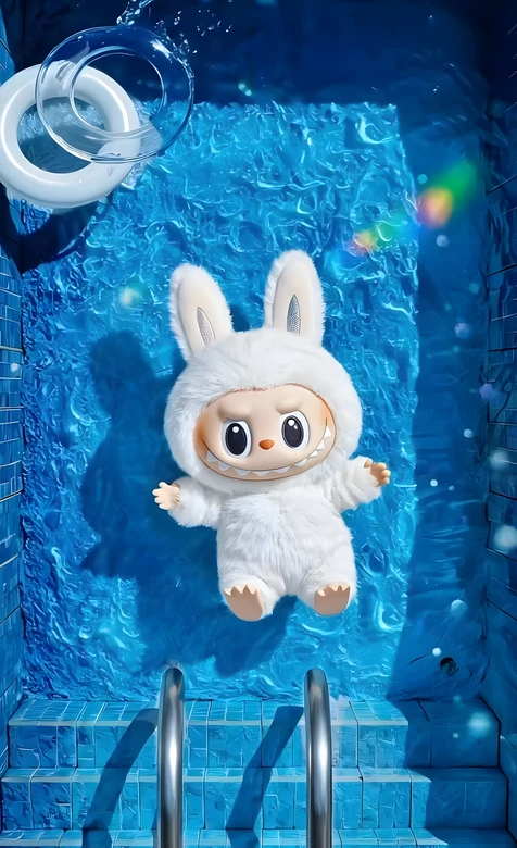 潮玩IP角色·兔耳毛绒装泳池漂浮 治愈风热门手机壁纸