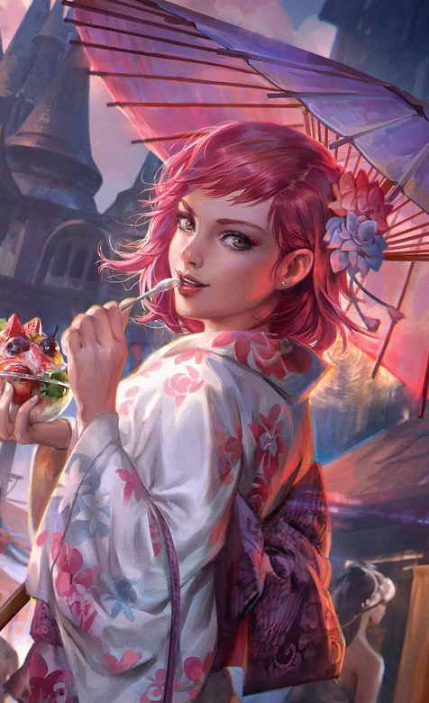 粉发少女·和服花饰纸伞 唯美奇幻插画 热门竖屏壁纸