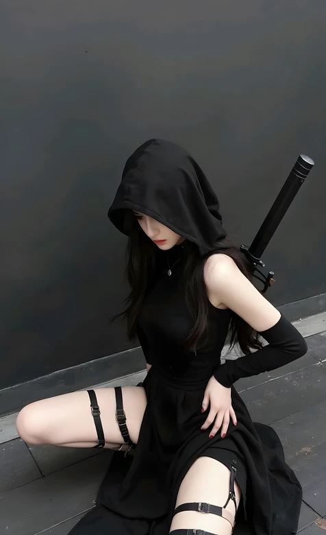 暗黑系持剑少女·兜帽腿环造型 暗黑风帅气壁纸