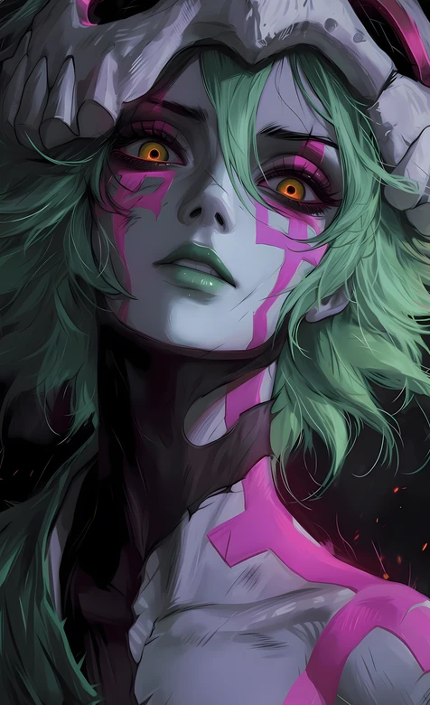 绿发粉纹角色·暗黑动漫风 骷髅头饰个性手机壁纸高人气款