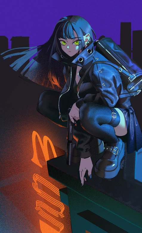赛博朋克酷飒少女·持枪蹲踞 暗黑霓虹动漫壁纸（赛博朋克手机壁纸）