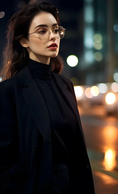 戴眼镜黑衣女性·都市夜景暗黑风 氛围感手机壁纸