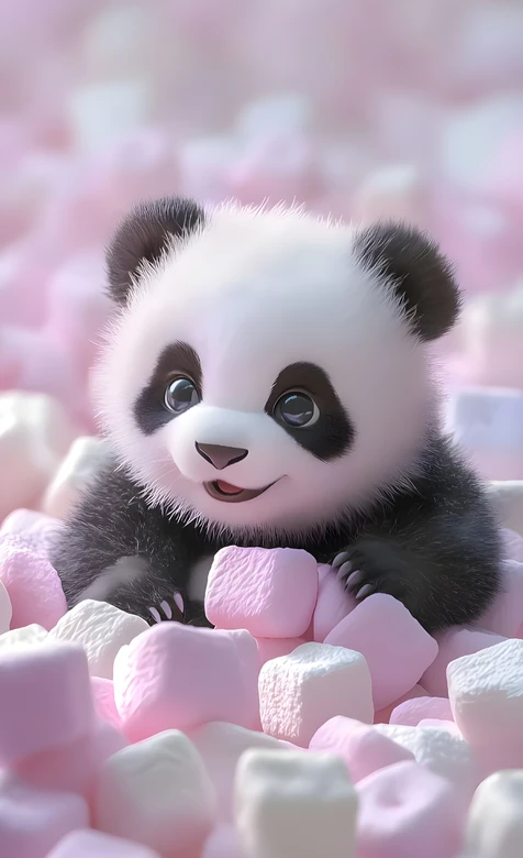 萌系熊猫宝宝·粉白棉花糖 治愈可爱手机壁纸