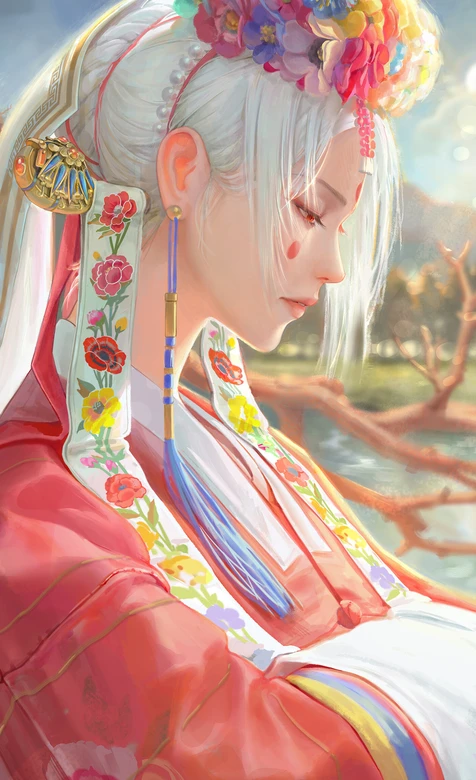 白发花饰红装古风女子·国风唯美古风插画 古风手机壁纸