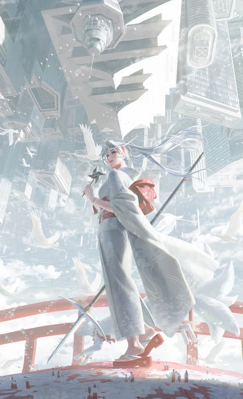 银发和服女子·赛博和风都市 唯美插画手机壁纸