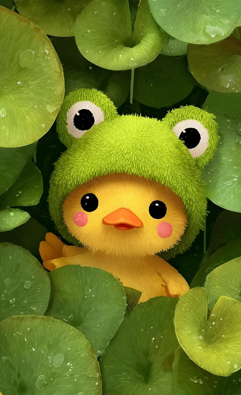 戴毛绒青蛙帽的小黄鸭·治愈风可爱手机壁纸