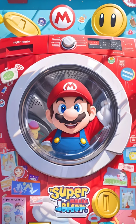马里奥·卡通风格（超级马里奥游戏）洗衣机趣味场景手机壁纸