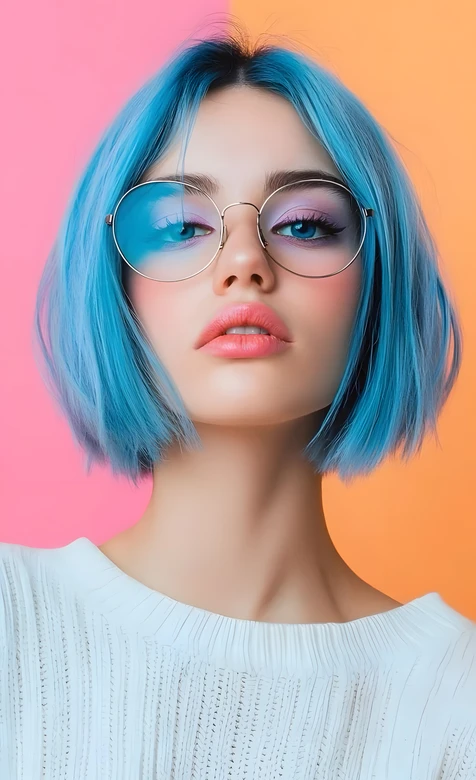 时尚蓝发短发戴眼镜女生 撞色清新风手机壁纸优选