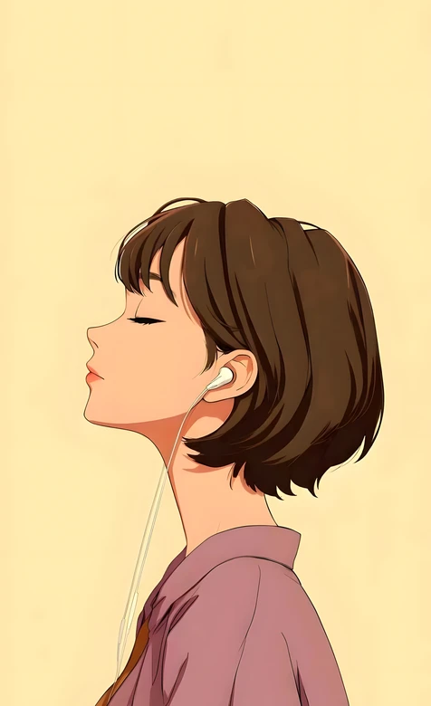 短发少女·戴耳机聆听 治愈系国漫风原创插画 治愈系手机壁纸