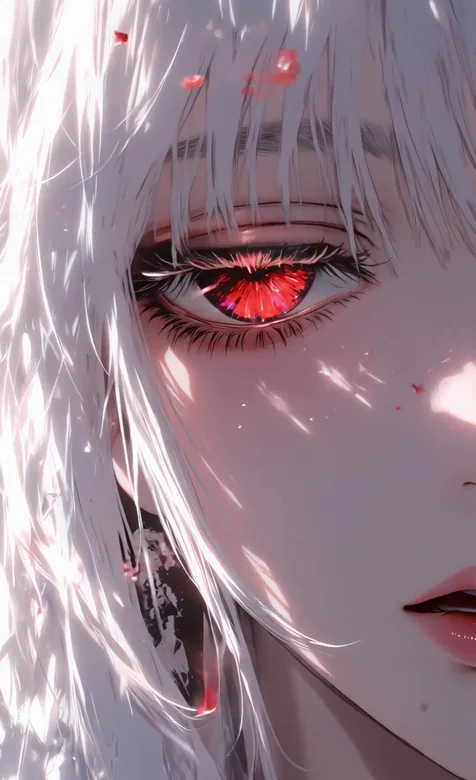 白发红瞳美少女·花瓣光影 唯美二次元动态手机壁纸