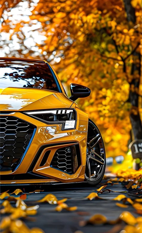 奥迪黄色跑车·唯美秋景写实风 秋季落叶汽车壁纸